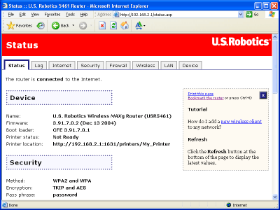 Schermata della pagina Status di un router con connessione a Internet.