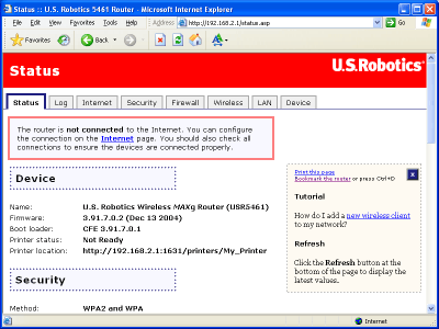 Schermata della pagina Status di un router senza connessione a Internet.