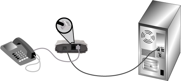 Illustrazione del collegamento di USB Telephone Adapter al telefono