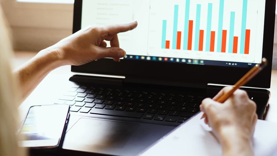 Closeup shot of a person looking at and pointing to financial information on a laptop